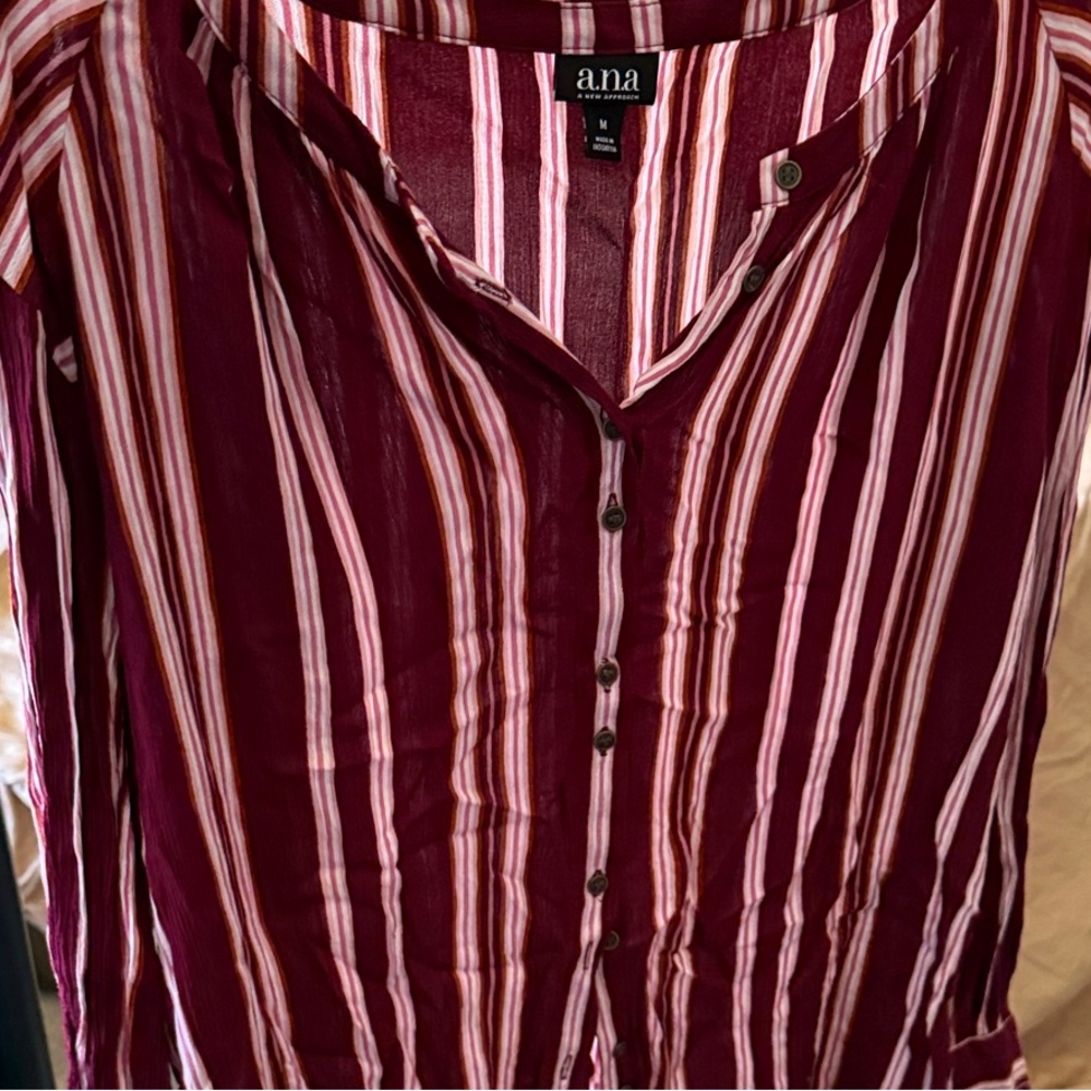 a.n.a Women's Burgundy and White Striped Button-Down Shirt